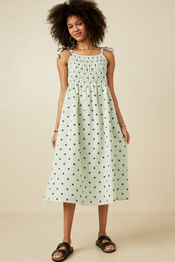HY6884W Mint Womens Polka Dot Tie Strap Smocked Dress Full Body